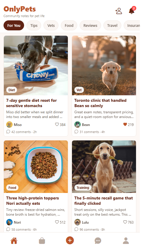 OnlyPets home discovery feed screenshot